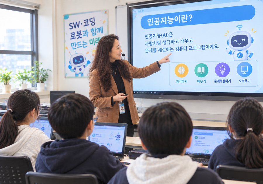 드림스캐너를 만든 유메이커 윰쌤(김유미)이 교실 큰 화면 앞에서 '인공지능이란?' 수업을 진행하며 아이들이 노트북으로 함께 배우는 모습